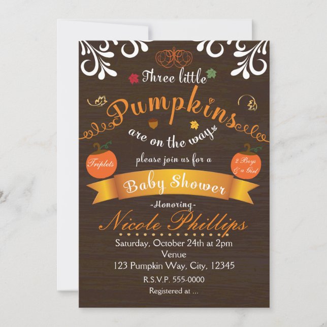 Triplets 3 PUMPKINS Invitación de BABY SHOWER de o (Anverso)