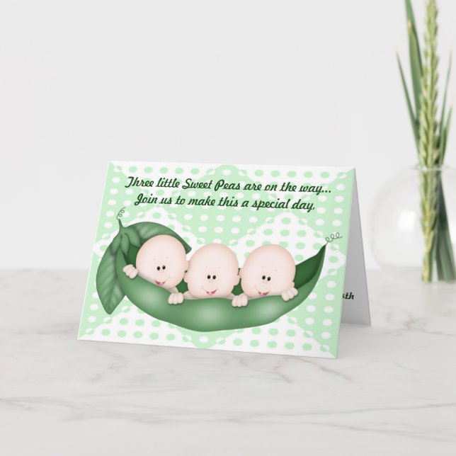 Triplets Green Baby Shower Pea en una invitación d (Anverso)