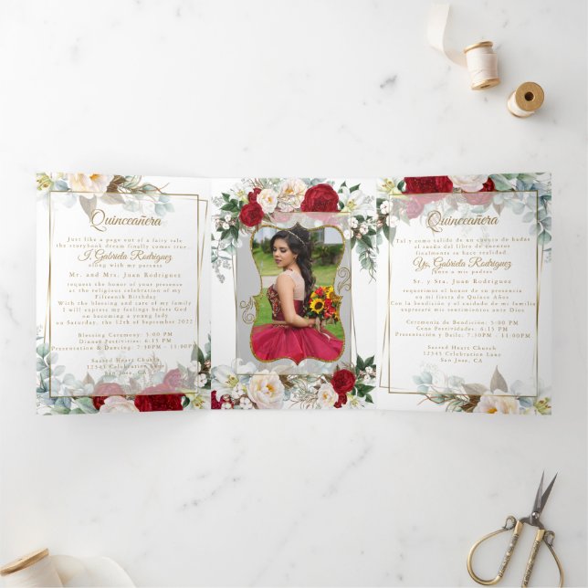 Tríptica 2 Foto Rosa Roja Mis Quince Años Invitación Plegab (Interior)