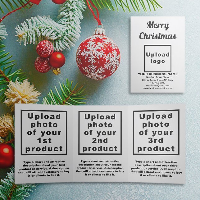 Tríptica Blanca | Navidad | Tarjeta triple de negocios (White trifold card for Christmas with your business brand and products or services)