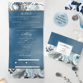 Tríptica Boda de color azul triple invitación RSVP