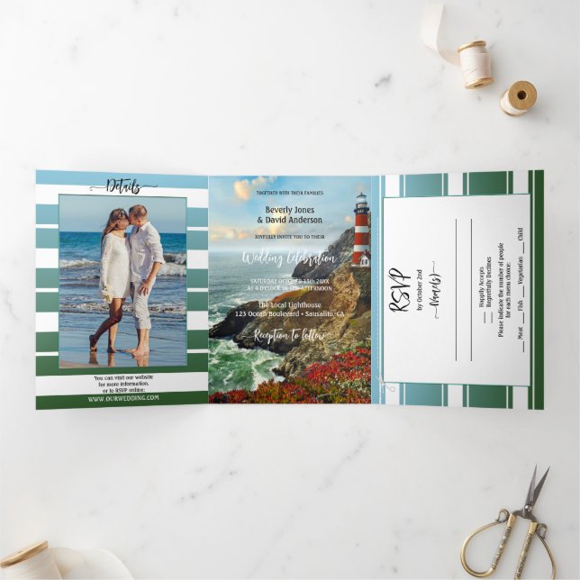 Tríptica Boda de faro náutico triple invitación (Interior)