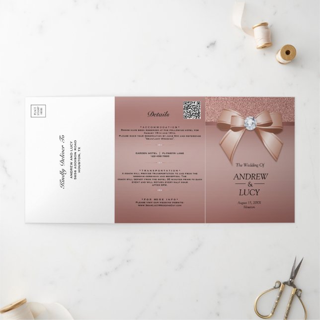 Tríptica Boda de oro rosa joya lazo código QR invitación (Exterior)