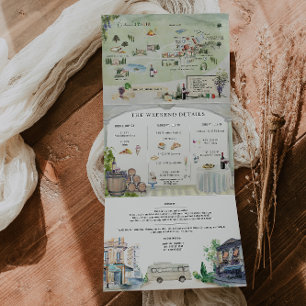 Tríptica Borgo Corsignano Invitación de Boda Ilustrada
