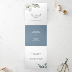 Tríptica Dusty Blue Floral Greenery Triple Invitación de bo
