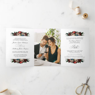 Tríptica Elegante invitación a la boda floral con foto y RS