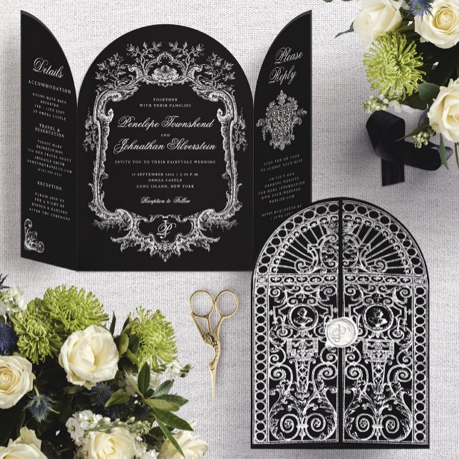 Tríptica Elegante Invitación de Boda con Arco de Barroco Ne (Elegant Black White Baroque Arch Wedding Gatefold Invitation)