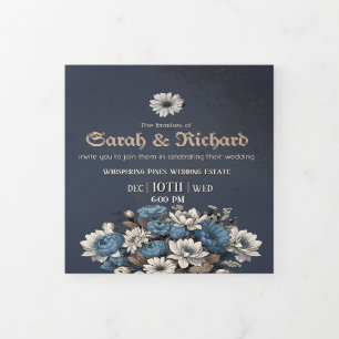 Tríptica Elegante Invitación de Boda Floral Azul Marino Fot