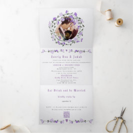 Tríptica Elegante Invitación de Boda Floral de Peonía Púrpu