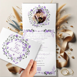 Tríptica Elegante Invitación de Boda Floral de Peonía Púrpu