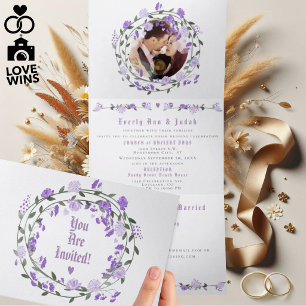 Tríptica Elegante Invitación de Boda Floral de Peonía Púrpu
