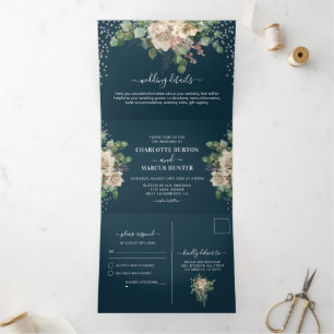 Tríptica Elegante Invitación de Boda Tri-Plegable con Flora