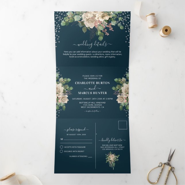 Tríptica Elegante Invitación de Boda Tri-Plegable con Flora (Interior)