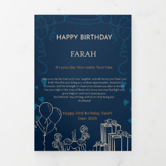 Tríptica Elegante tarjeta de cumpleaños azul de la Marina