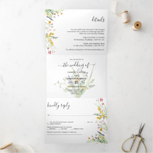 Tríptica Foto de Boda Flores silvestres invitación Tri-Fold