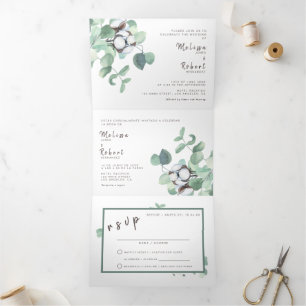 Tríptica Invitación a la boda bilingüe eucalipto todo en un