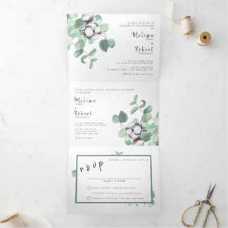Tríptica Invitación a la boda bilingüe eucalipto todo en un