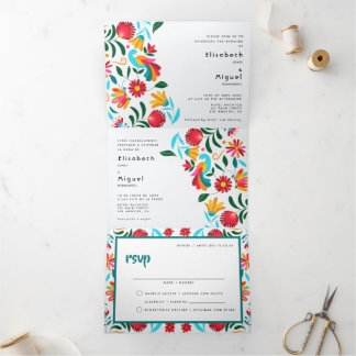 Tríptica Invitación a la boda bilingüe - Flora todo en uno