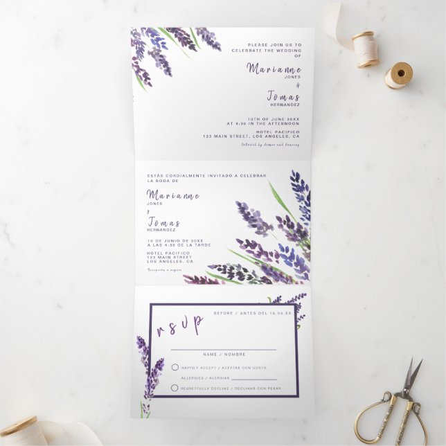 Tríptica Invitación a la boda bilingüe - Lavanda todo en un (Interior)
