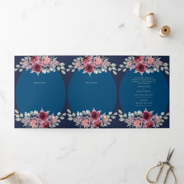 Tríptica Invitación a la boda floral azul de Nuestra Boda B (Exterior)