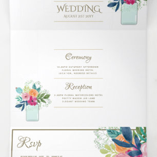 Tríptica Invitación a la boda floral de Fuschia 3in1 y RSVP