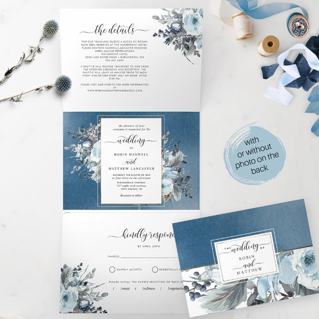 Tríptica Invitación a la boda tridimensional con floral azu (Subido por el creador)