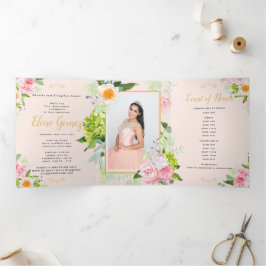 Tríptica Invitación a Quinceanera de Peach Floral Trifold