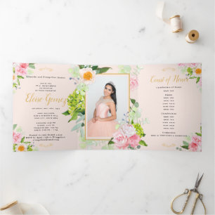 Tríptica Invitación a Quinceanera de Peach Floral Trifold