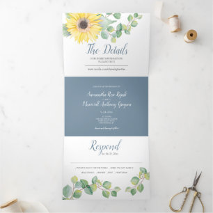 Tríptica Invitación a una boda de girasol y eucalipto