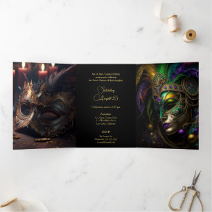 Tríptica Invitación de 16 fiestas a la mascarada de mediano