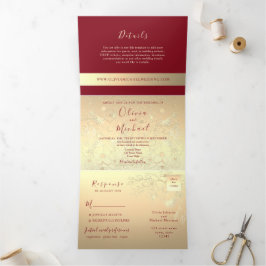 Tríptica Invitación de boda Burgundy Gold 3 en 1