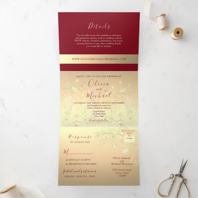 Tríptica Invitación de boda Burgundy Gold 3 en 1 (Interior)