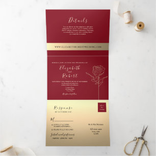 Tríptica Invitación de Boda con Foto Romántica de Borgoña