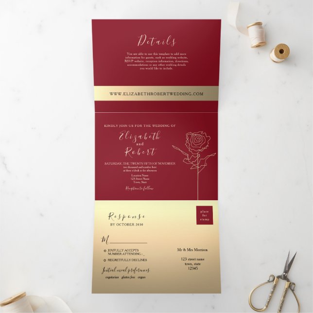 Tríptica Invitación de Boda con Foto Romántica de Borgoña (Interior)
