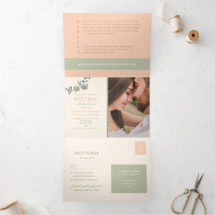 Tríptica Invitación de Boda con Foto Tri-Fold Verde Rubor