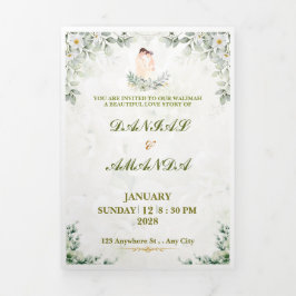 Tríptica Invitación de Boda con Verde Elegante | Acuarela