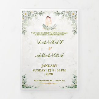Tríptica Invitación de Boda con Verde Elegante | Acuarela