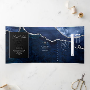 Tríptica Invitación de boda de ágata azul y plata de tres s