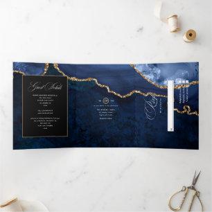 Tríptica Invitación de boda de ágata dorada y azul de tres