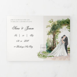 Tríptica Invitación de boda de jardín con acuarela romántic