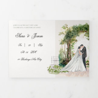 Tríptica Invitación de boda de jardín con acuarela romántic