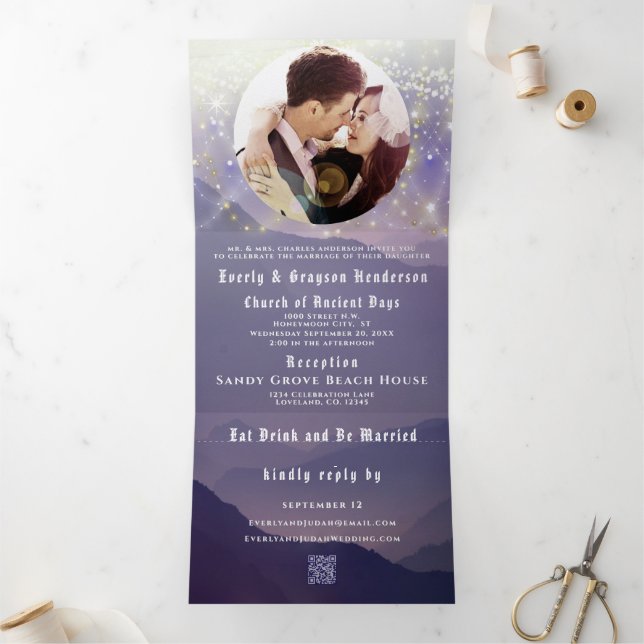 Tríptica Invitación de Boda de Montaña Púrpura Tri-Fold (Interior)