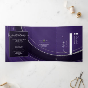 Tríptica Invitación de boda de piedra de ágata púrpura y pl