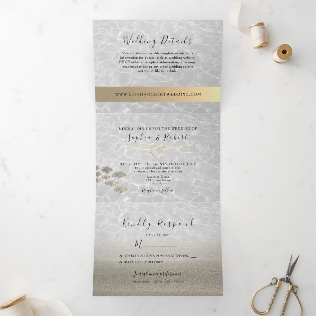 Tríptica Invitación de boda de playa triple plegable 3 en 1 (Interior)