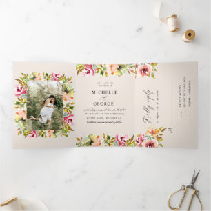 Tríptica Invitación de boda de tres solapas con flores de J