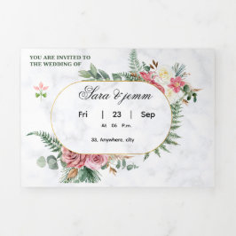 Tríptica Invitación de boda floral elegante con óvalo dorad