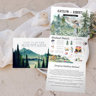 Tríptica Invitación de boda ilustrada junto al lago   Monta