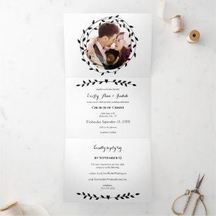 Tríptica Invitación de boda negra y blanca moderna y simple