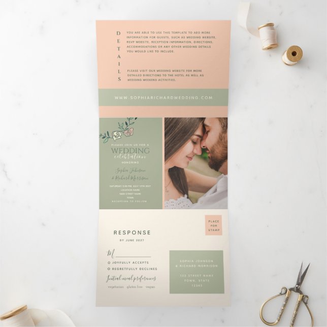 Tríptica Invitación de Boda Plegable de Tres Partes Verde S (Interior)