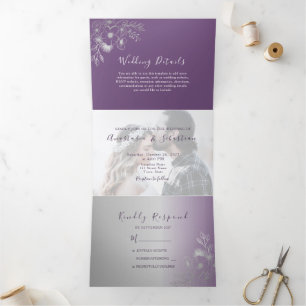 Tríptica Invitación de boda tri-plegable con foto púrpura